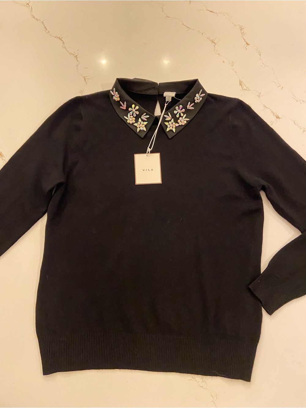 Black Knit Sweater w/ Rhinestone Embellished Collar Size Medium Long Sleeve NEW - Picture 4 of 10